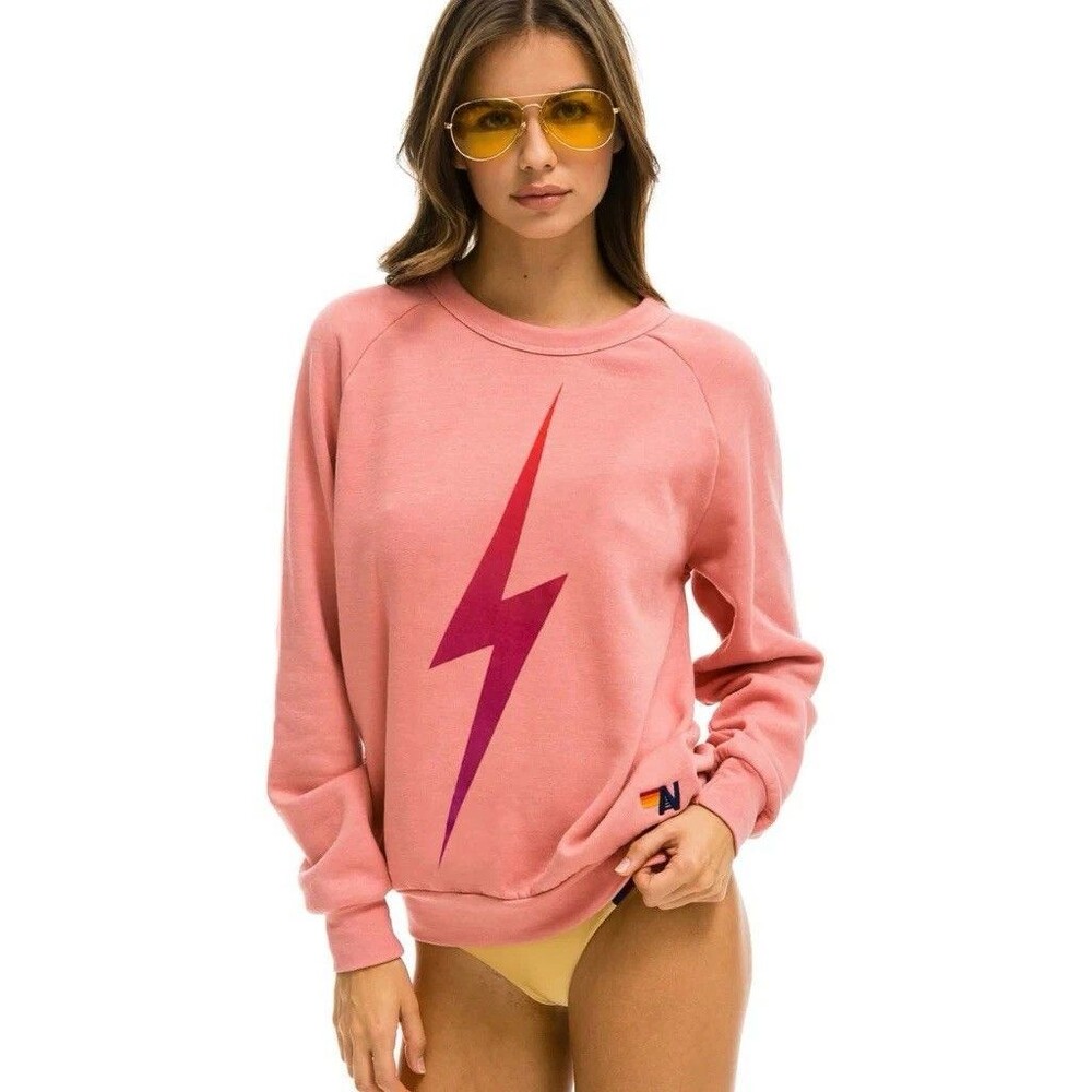 Aviator Nation Pink Faded Lightning Bolt Raglan Crewneck Sweatshirt Large GUC